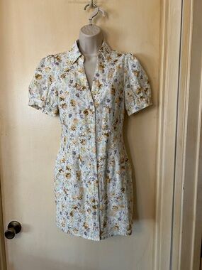 Free the Roses Floral Button-Front Mini Dress in White and Mustard size XS